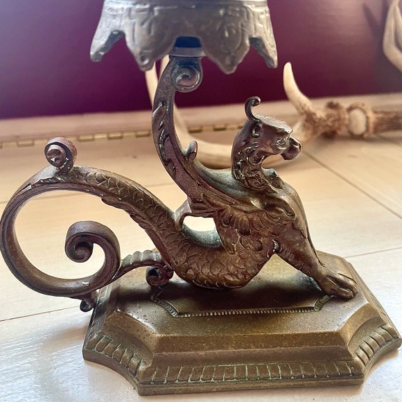 Antique French Longwy, Bronze Gargoyle Griffin Candlestick, Victorian, Gothic - Picture 9 of 12